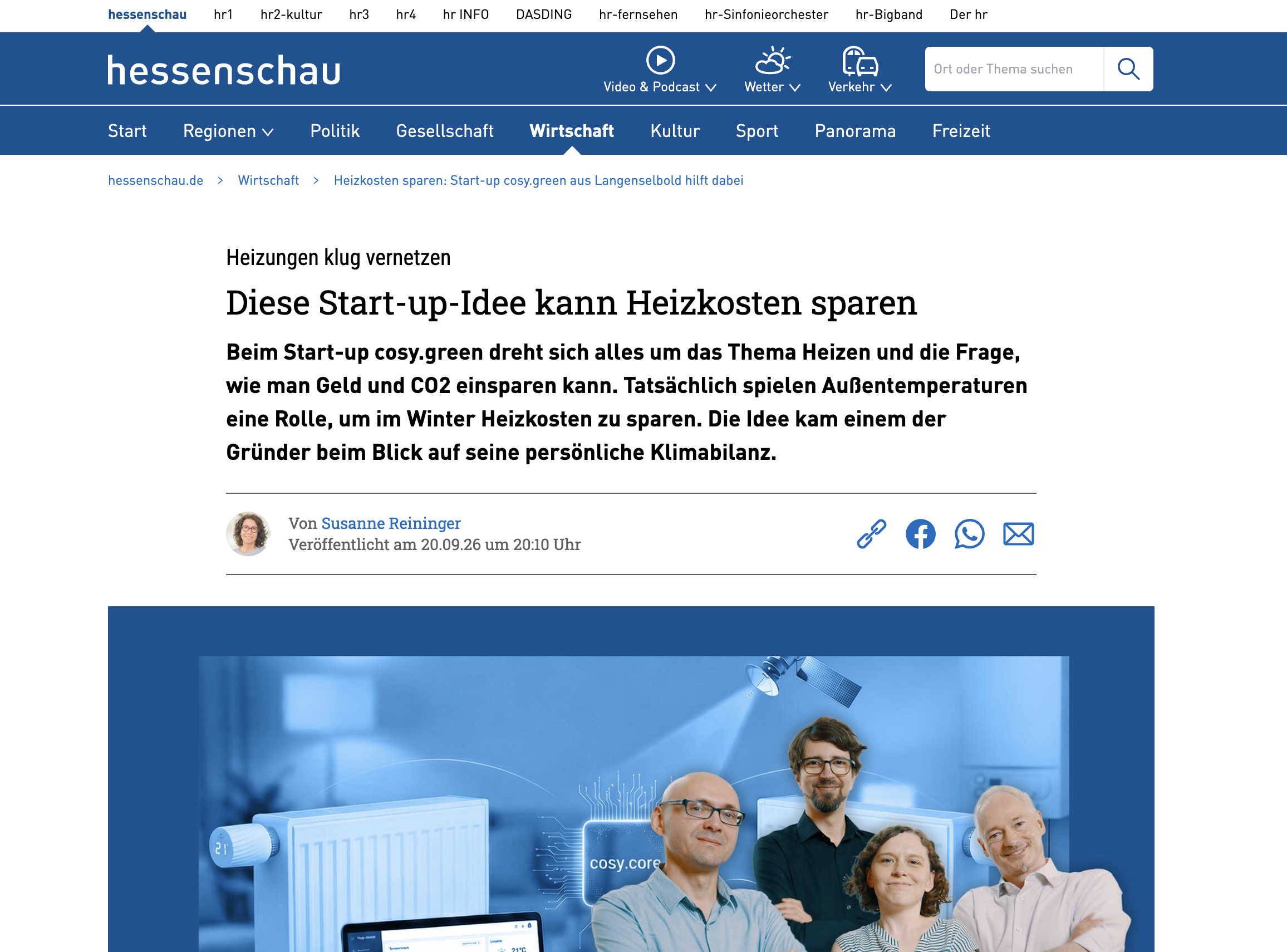 Screenshot Bericht über cosy.green auf Hessenschau.de vom 20.09.2026