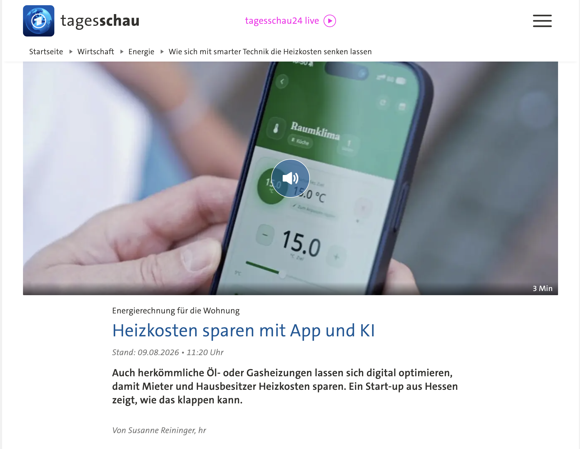 Screenshot Bericht über cosy.green auf tagesschau.de am 9.8.2026