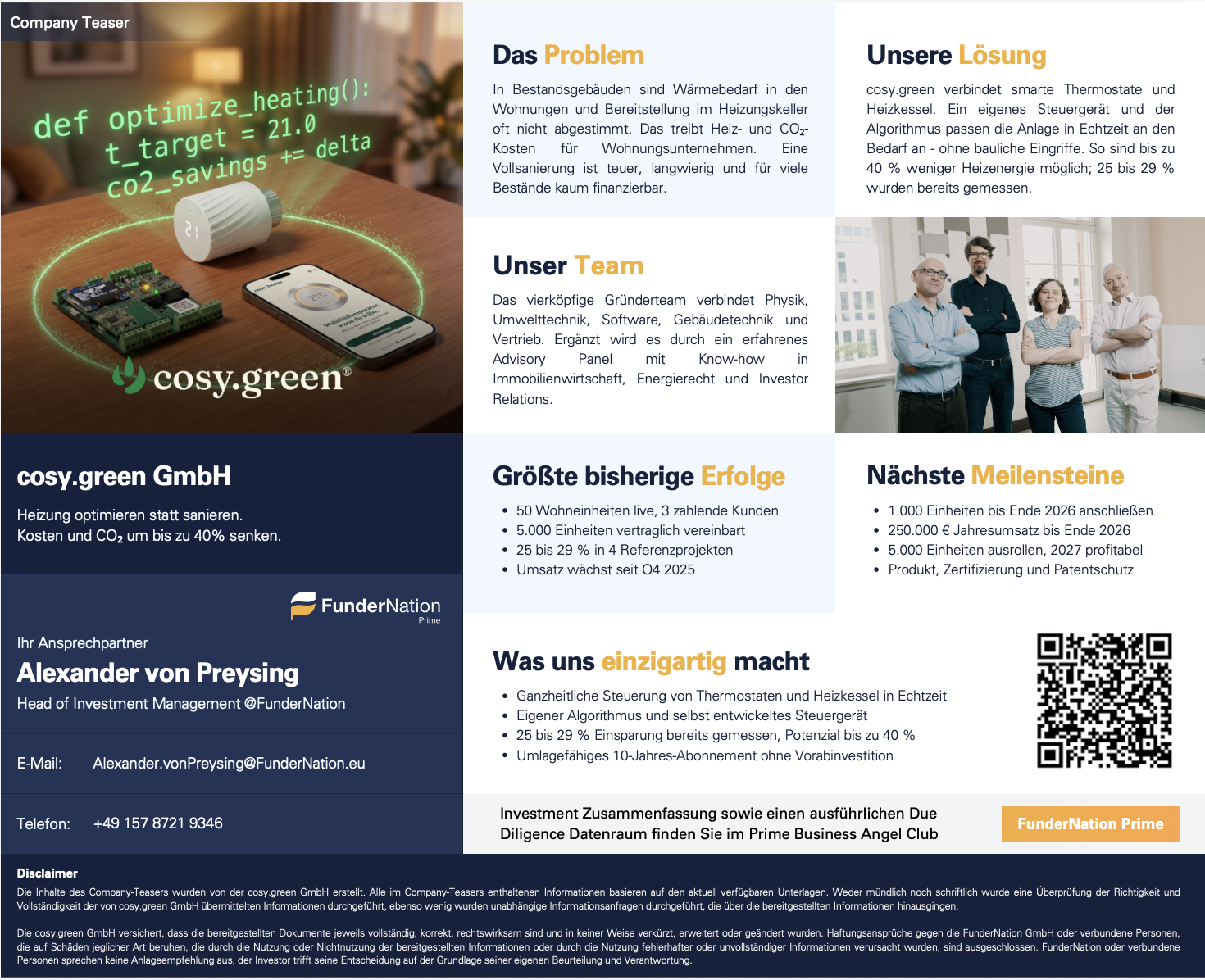 Company Teaser cosy.green: Problem, Lösung, Team, Erfolge, nächste Meilensteine und Ansprechpartner bei FunderNation