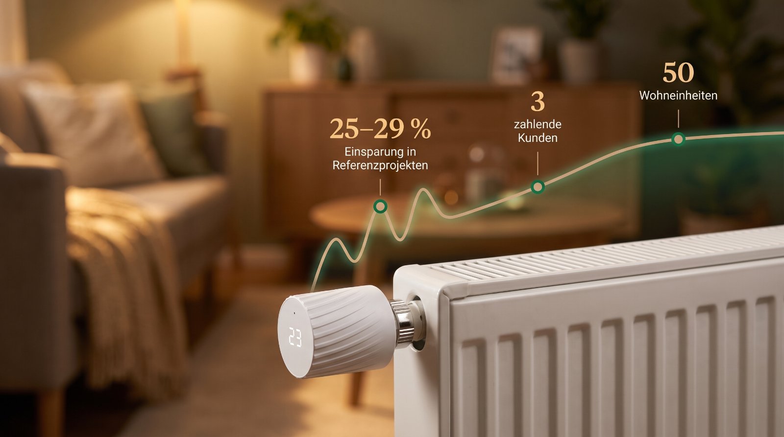 Smart-Thermostat an einem Heizkörper mit eingeblendeten KPIs: 25–29 % Einsparung in Referenzprojekten, 3 zahlende Kunden, 50 Wohneinheiten