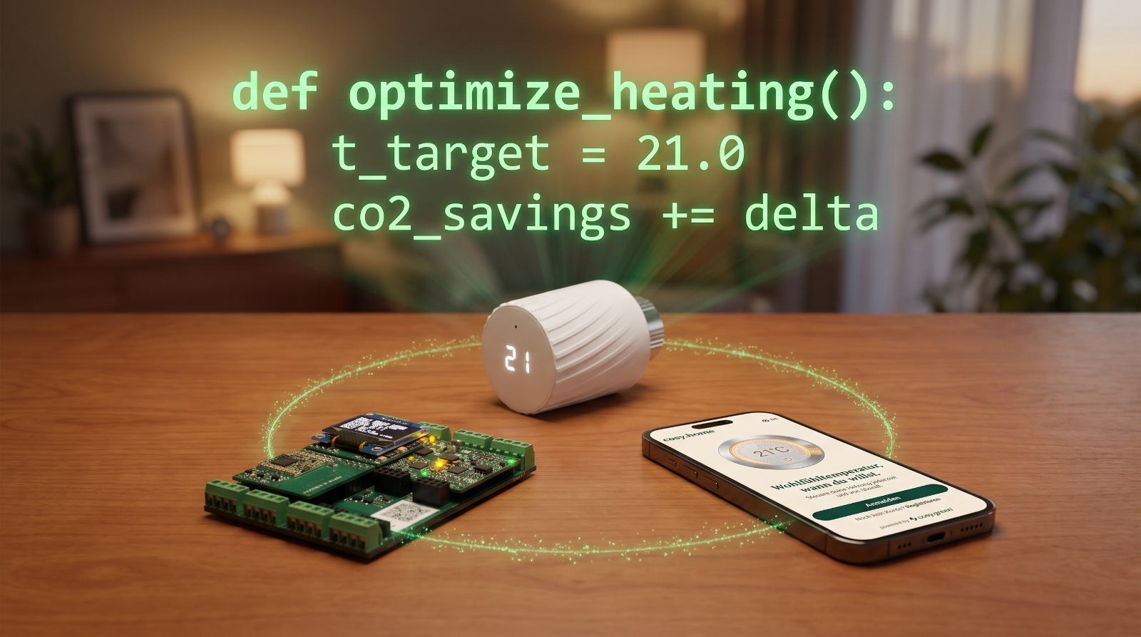cosy.green Hardware im Wohnraum: Smart-Thermostat mit 21 °C, die Steuerungsplatine (SBI) und die cosy.home-App auf dem Smartphone