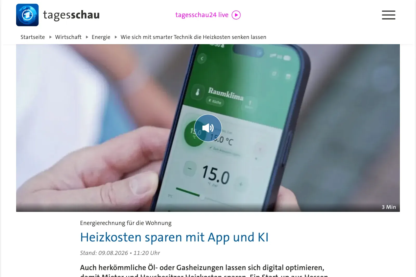 Der tagesschau.de-Beitrag „Heizkosten sparen mit App und KI“ mit der cosy.home-App auf dem Smartphone