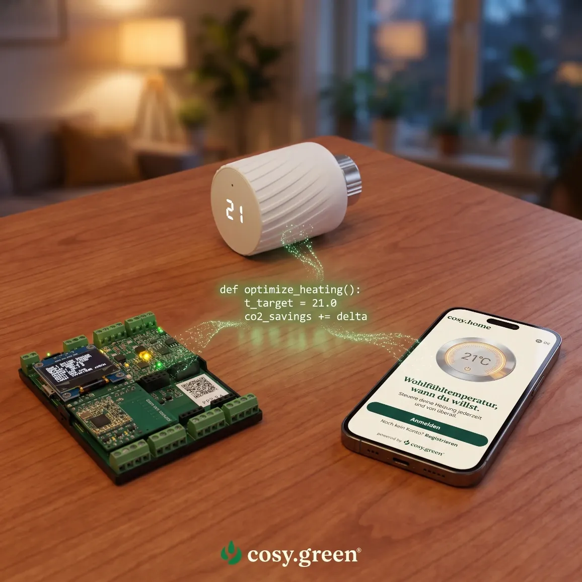 cosy.green Smart-Thermostat, Steuerungsplatine und die cosy.home-App auf dem Tisch